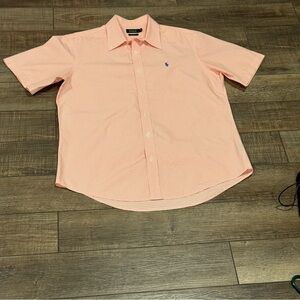 Polo Mens Dress Shirt Custom Fit Button up Short Sleeve Shirt 16 Orange Check